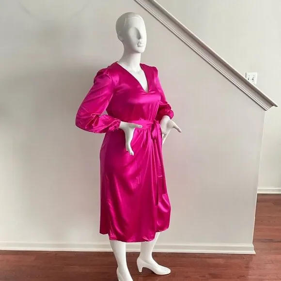 New 97% Silk Faux Wrap Elegant Vibrant Pink Taylor Tillman Long Sleeve Dress M - Picture 10 of 10